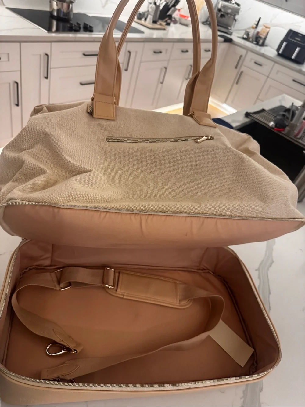 BEIS Beige Canvas Travel Weekender with Tan Trim